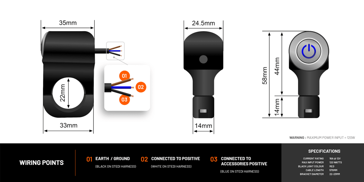 STEDI Motorcycle LED Light Switch Handlebar Mount