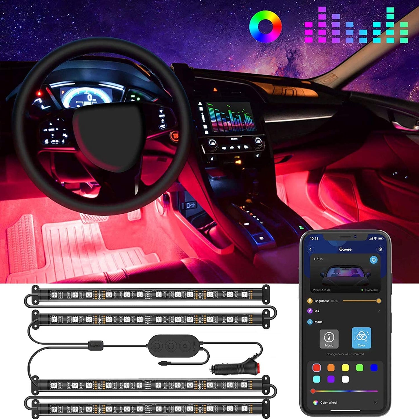 LED Car Lights with App Control, Smart Interior Car Lights with DIY Mode and Music Mode, RGB Car Lights with 2 Lines Design, under Dash Interior Lights for Car with Car Charger, DC 12V