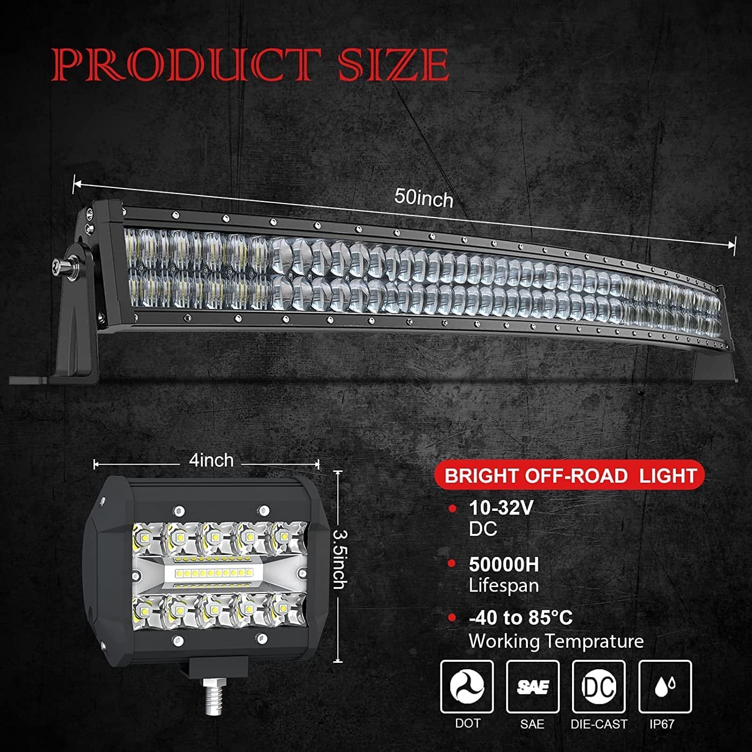 50 Inch Curved LED Light Bar 288W Spot Flood Combo 5D Offroad Driving Light  for Jeep Trucks F150 F250 Honda ATV UTV Polaris Boats