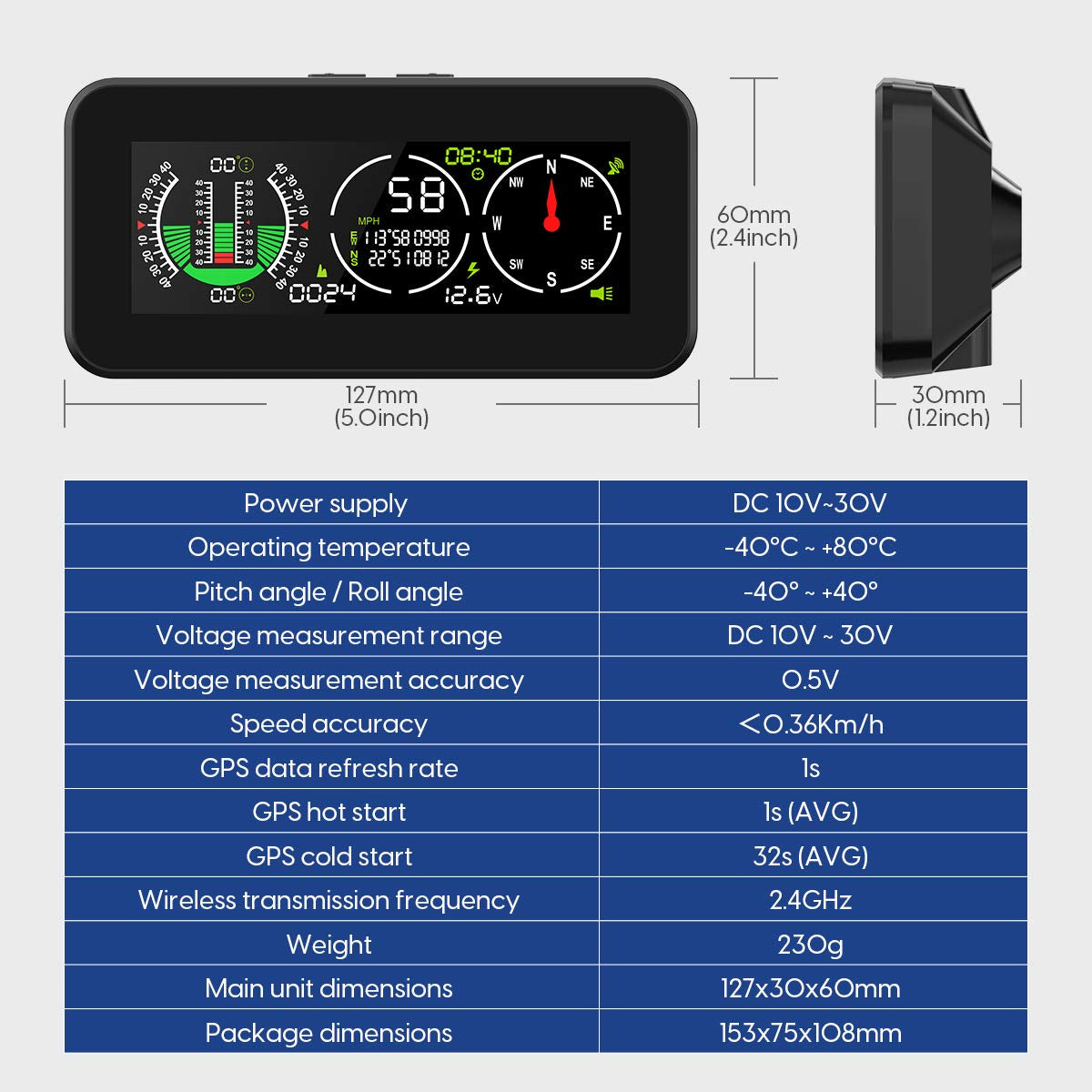 M60 Car Inclinmeter Level Tilt Meter, Digital HUD GPS Speed Slope Meter