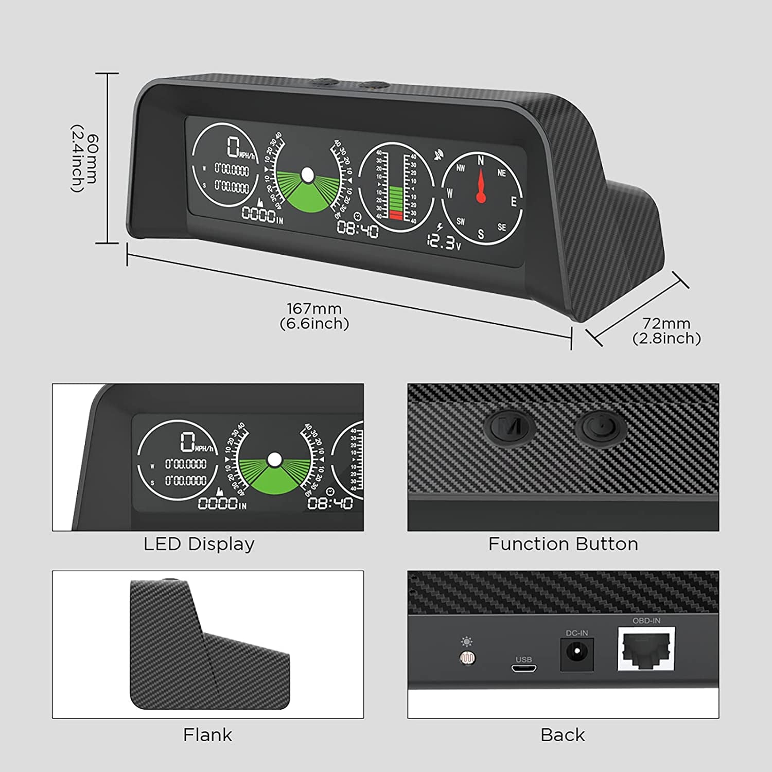 Car Inclinometer Level Tilt Gauge, Car HUD GPS Speedometer