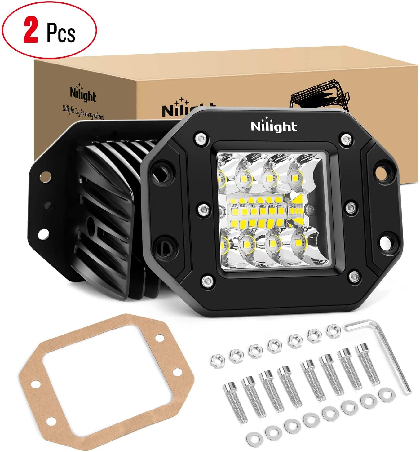 2PCS 42W Flush Mount LED Light Pods Upgraded Spot Flood Combo Beam Driving Light LED Work Light Backup Light Reverse Light Grill Mount Light for Offroad 4X4 Truck SUV Jeep, 2 Years Warranty