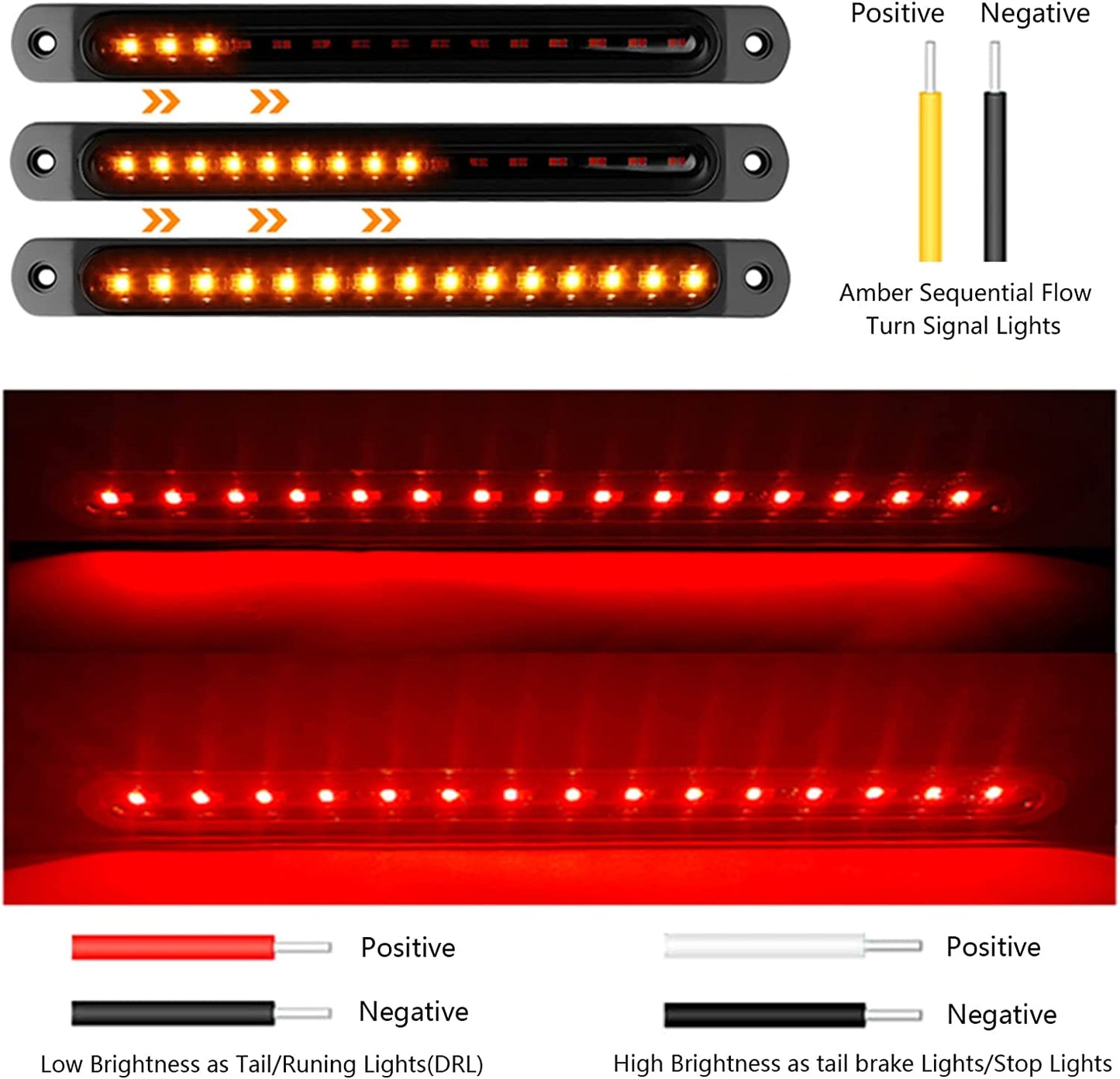 Red & Amber 10" LED Tail Light Stop/Turn/Tail Lights 