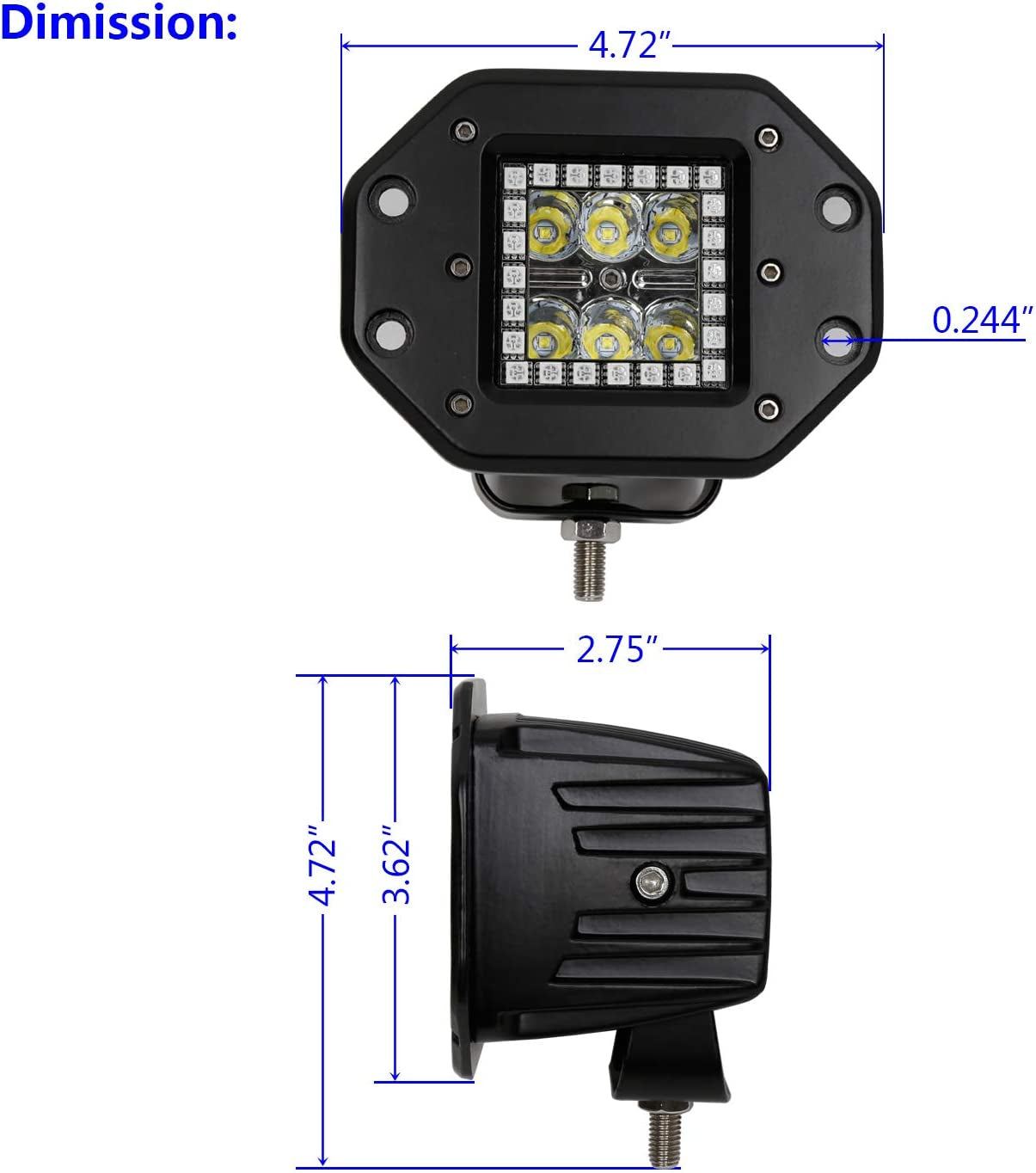 Flushmount 18W 3Inch Work Light Spotlight Fog Lights with Chasing RGB Halo Ring for 10 Solid Colors Changing over 72 Flashing Modes Flasing Strobe Lights IP 68 Waterproof 1 Year Warranty